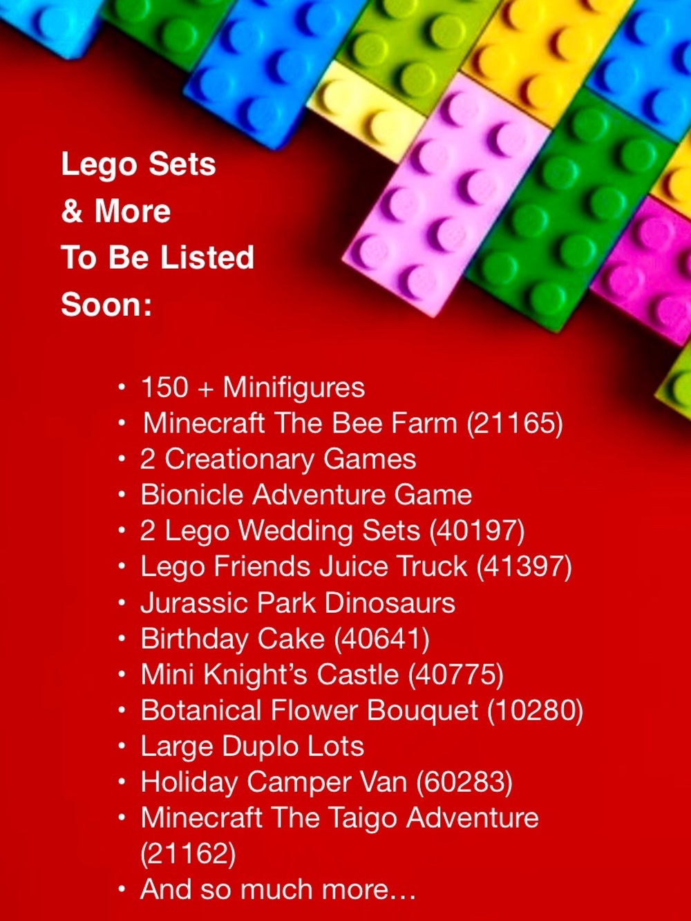 LEGO: Sets, Games, Minifigures, Education and Bulk Block Listings Coming Soon!!!